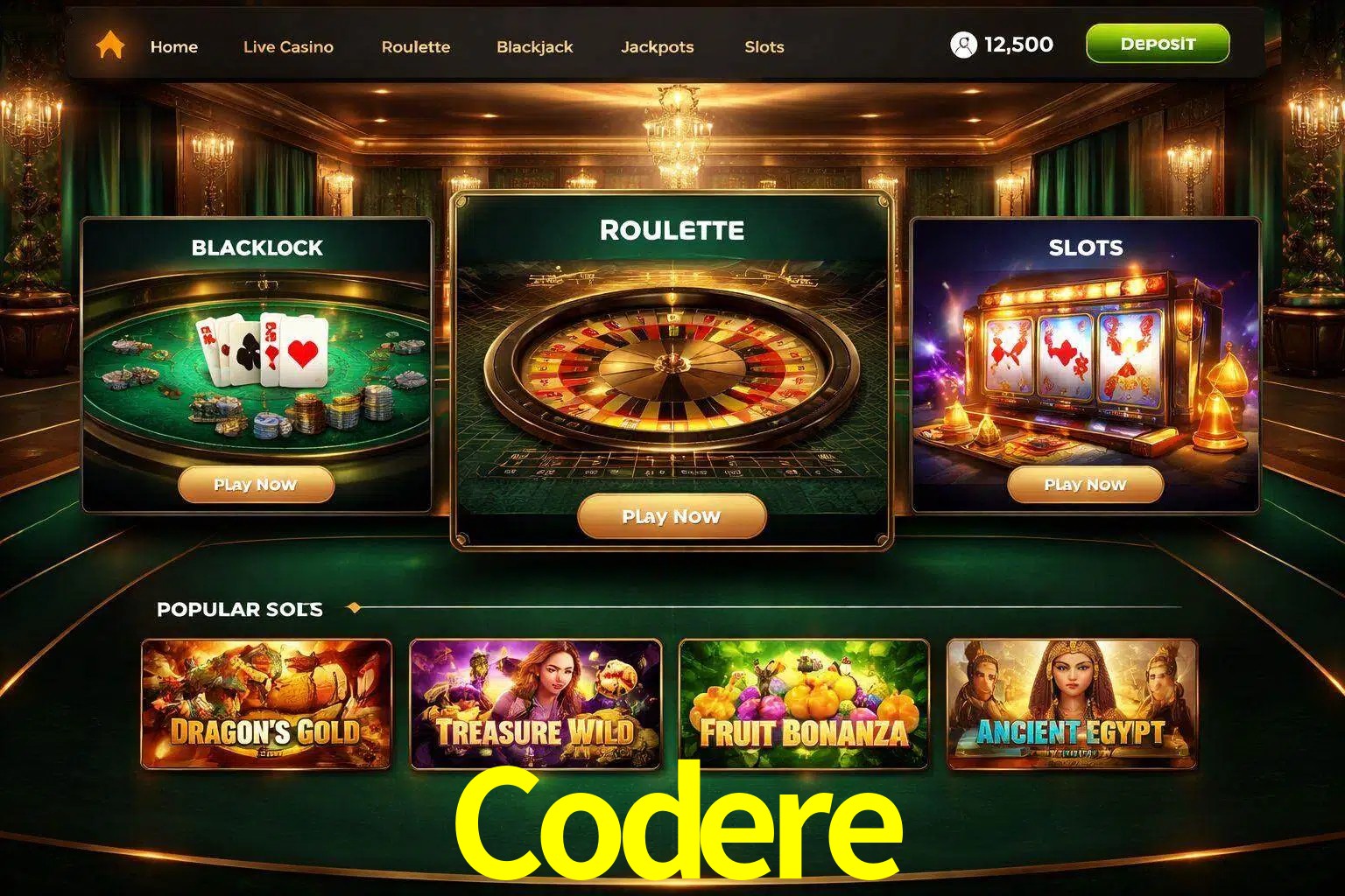 Vista de la plataforma Codere Casino mostrando categorías organizadas de juegos en línea