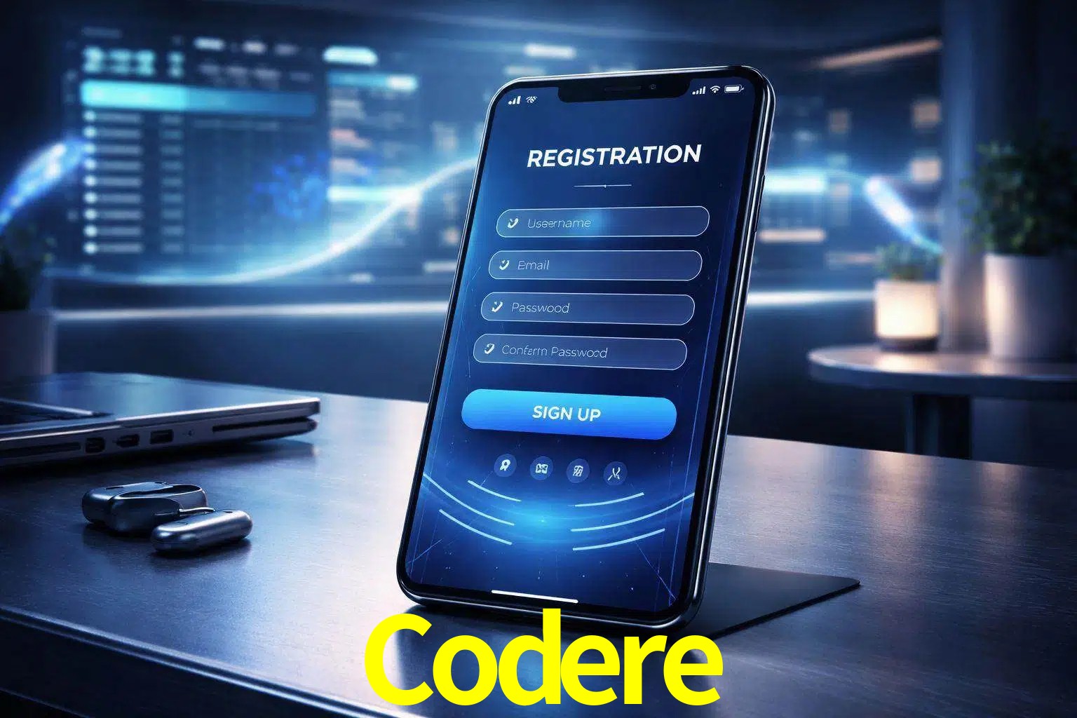 Una interfaz moderna de registro móvil para Codere mostrada en un smartphone con un panel de apuestas elegante.